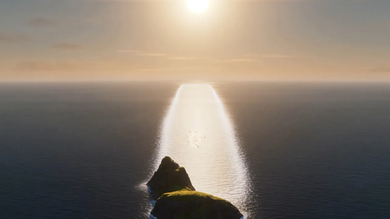 The sea silvering wave by wave — a brightness travelling outward, away from the island