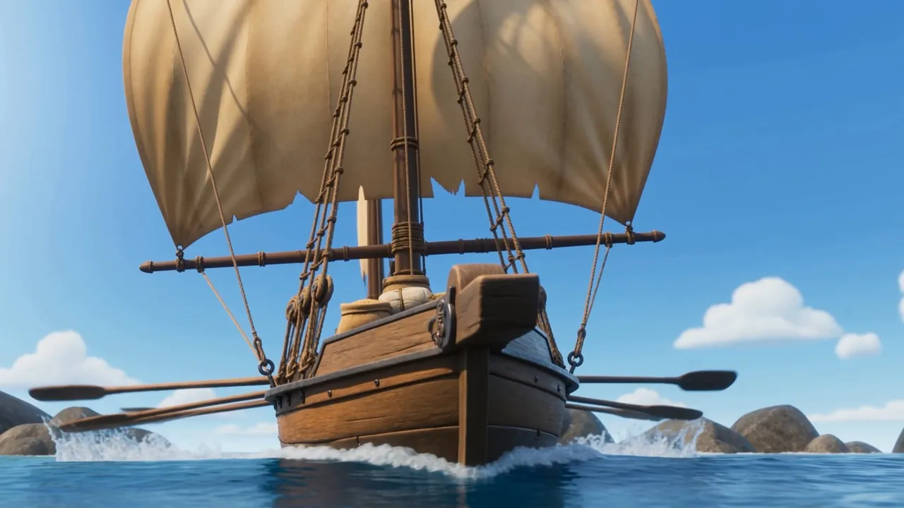 The sail rattles up and fills, and the boat clears the rocks