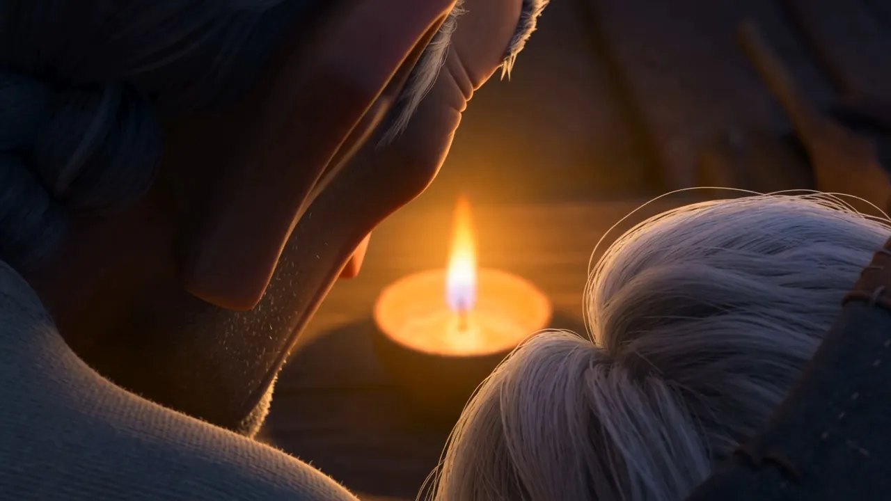Two gray heads inclined together, and one flame between them