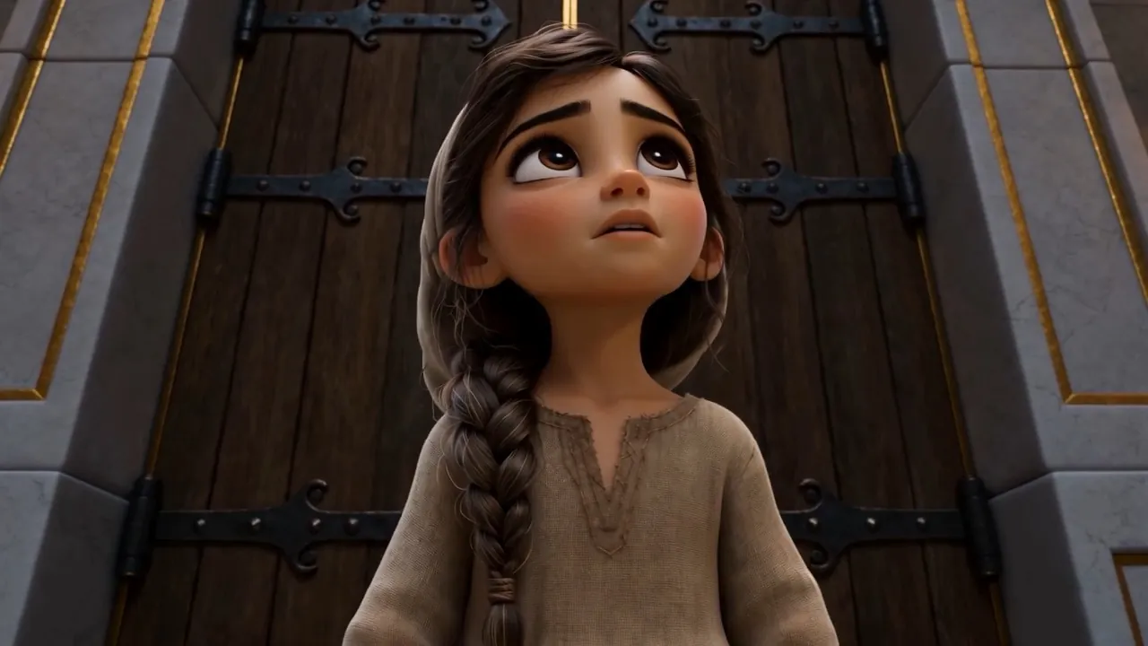 At the back of the gathering, a nine-year-old serving girl stands up