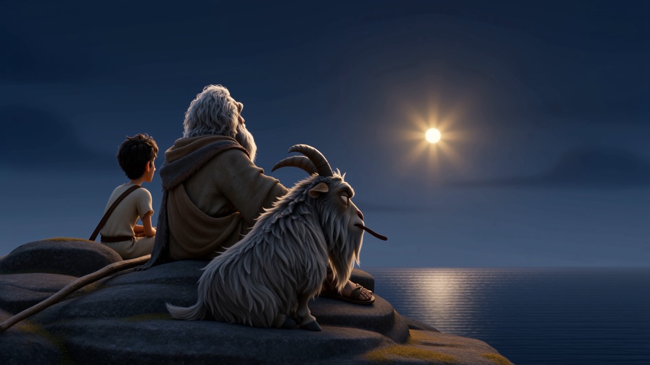 An old man, a boy and a shaggy goat sit together on a headland at night, watching the moon lay a path of light across a calm sea.