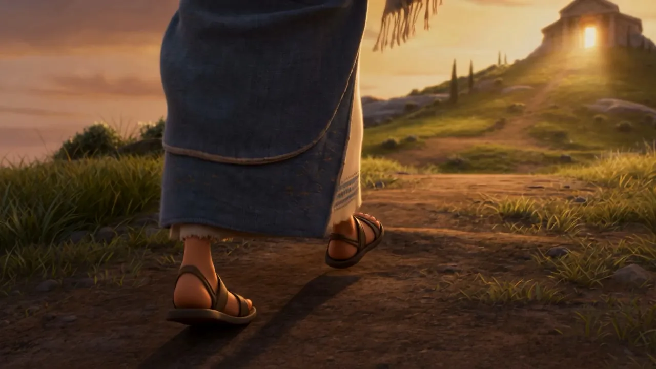 Hannah walks alone toward the lit temple at dusk
