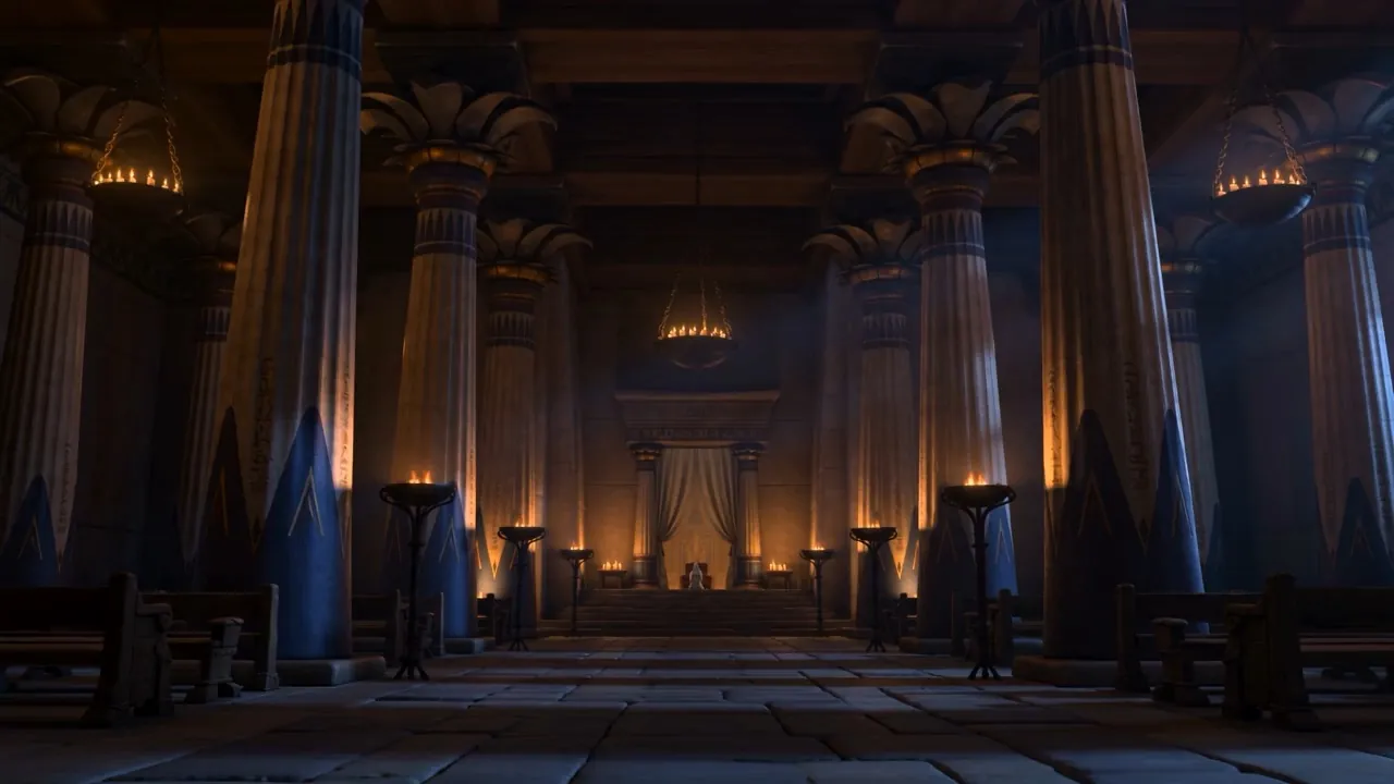 Hannah kneels in the dusky hall; Eli watches from his seat