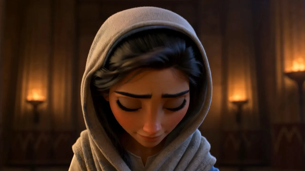 Hannah bows her head, lighter