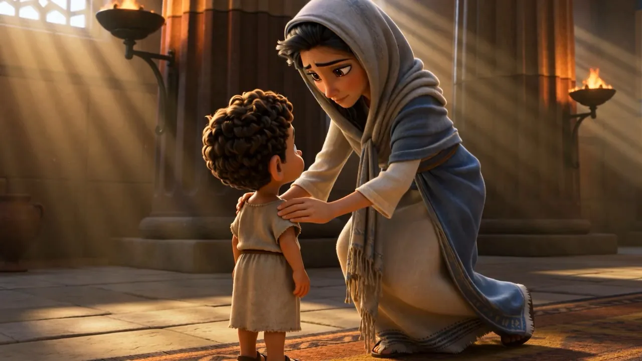 Hannah kneels to her son's eye level