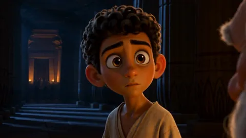 A boy stands small in the huge dark temple