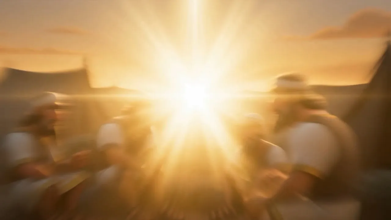 A blinding golden light breaks over the camp