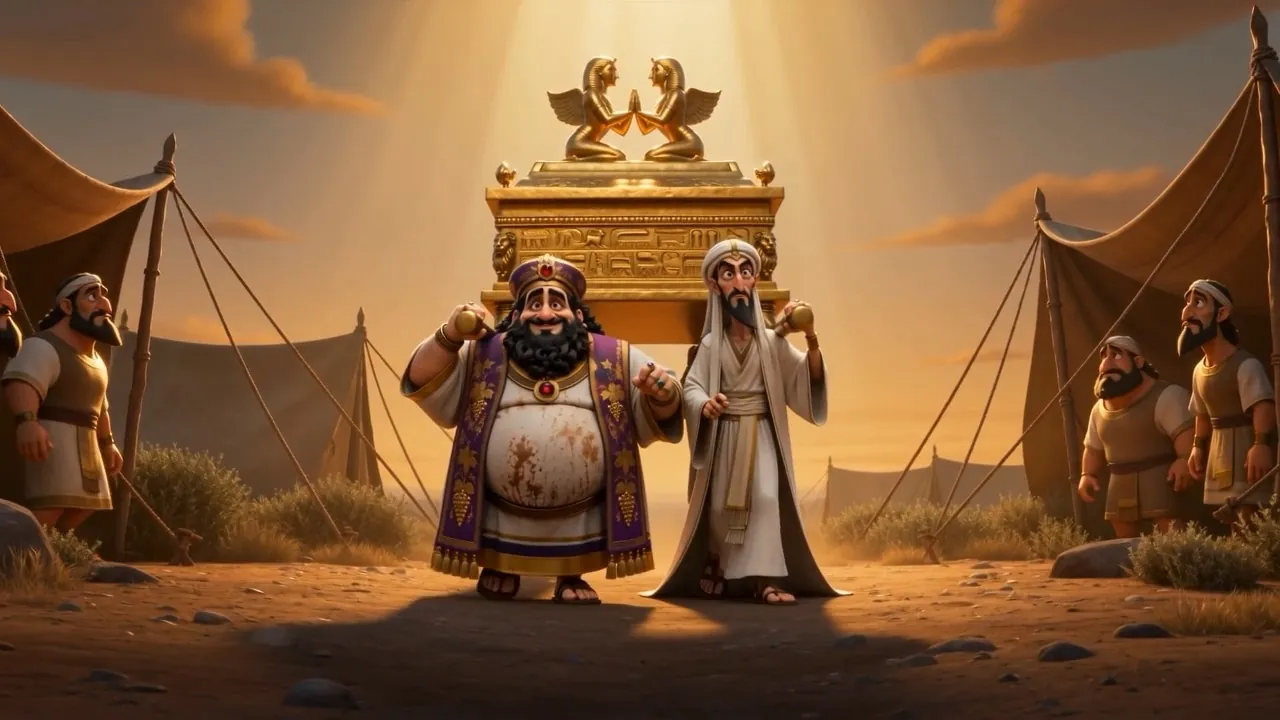 Two priests stand beside the golden ark among the tents