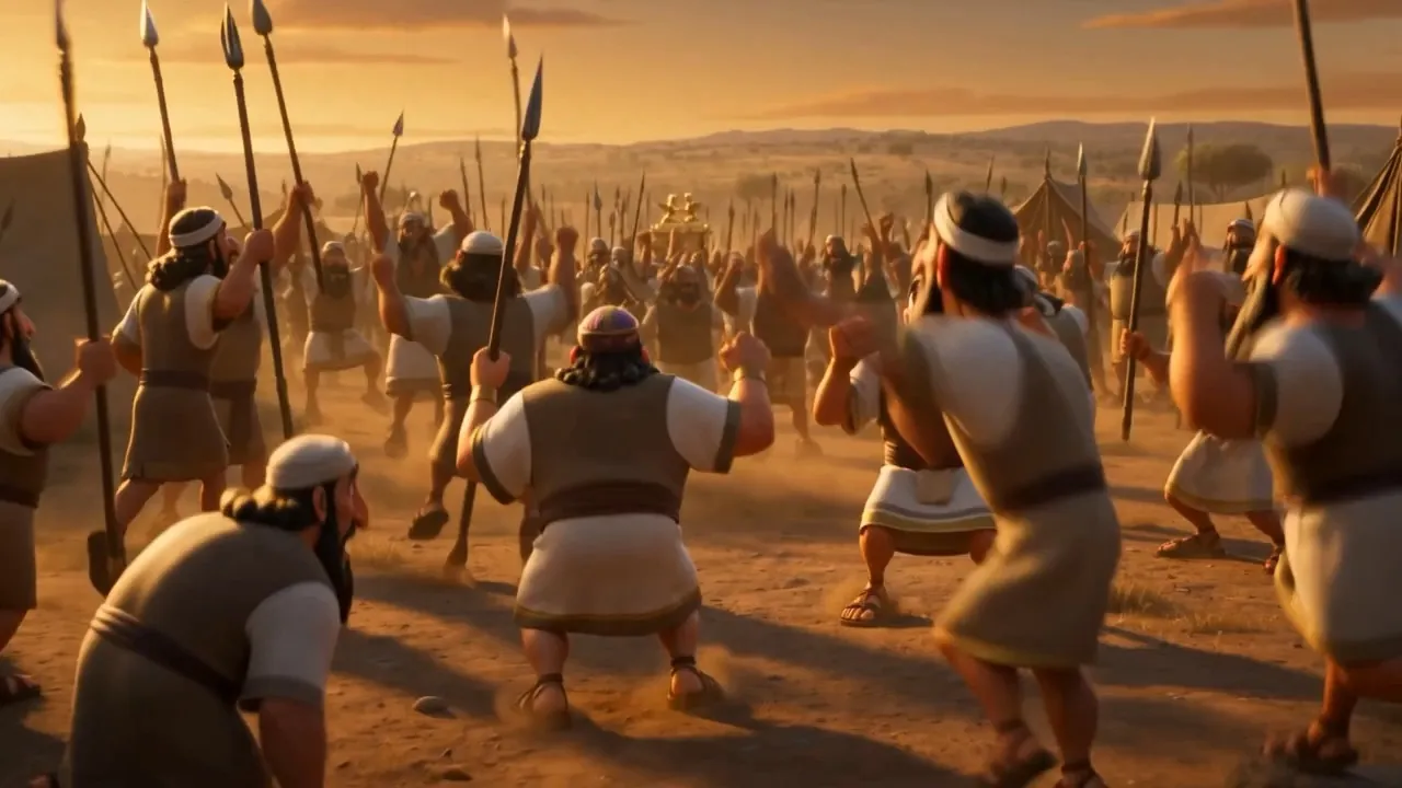 The camp erupts — men leap and raise their arms