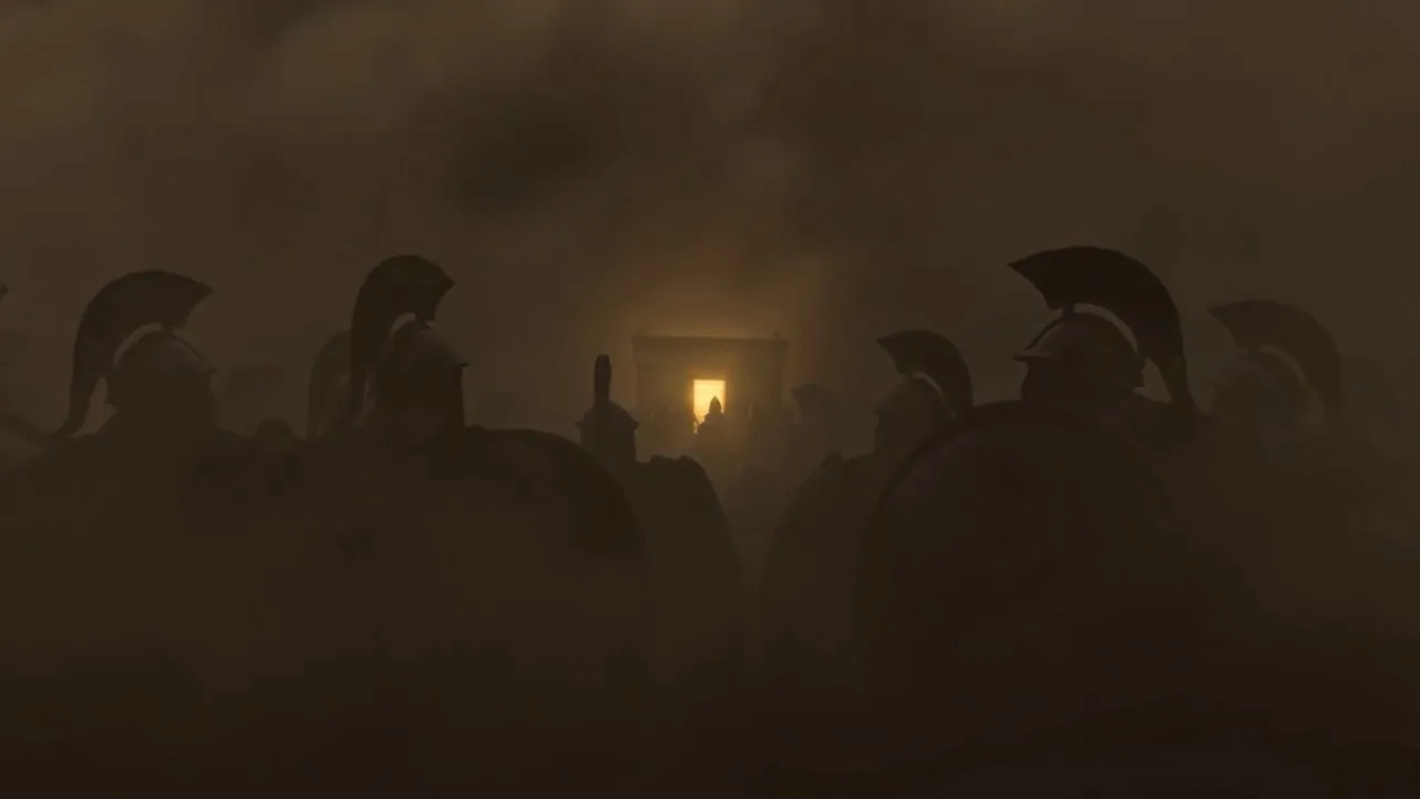 Helmeted shapes crowd the golden glow in the murk