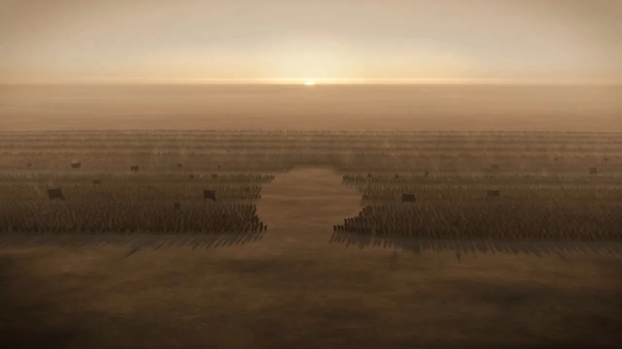Two battle lines face each other across the plain at first light