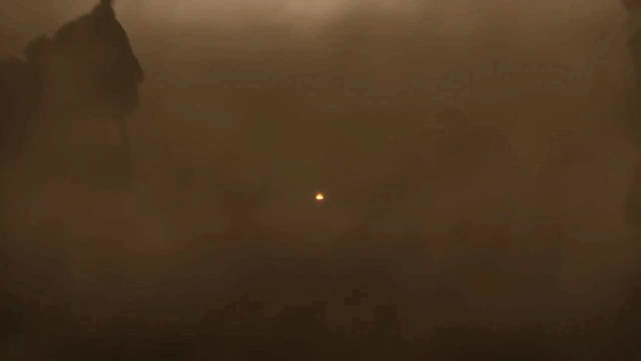The fallen banner hangs dark over a pale sun