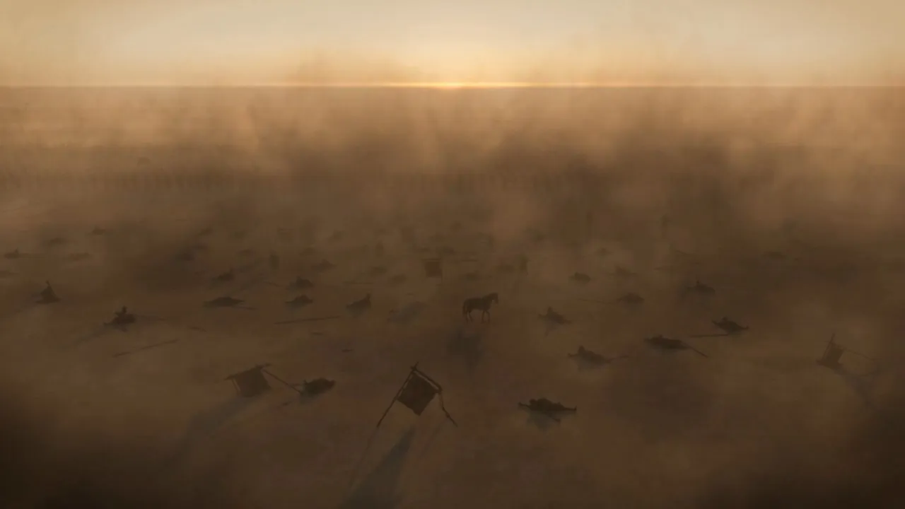 A silent field strewn with the fallen under haze