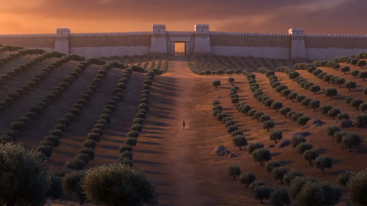 A long road through vineyards leads to the city gate at dusk