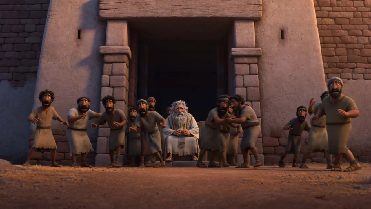 Townspeople gather at the gate around old Eli on his seat