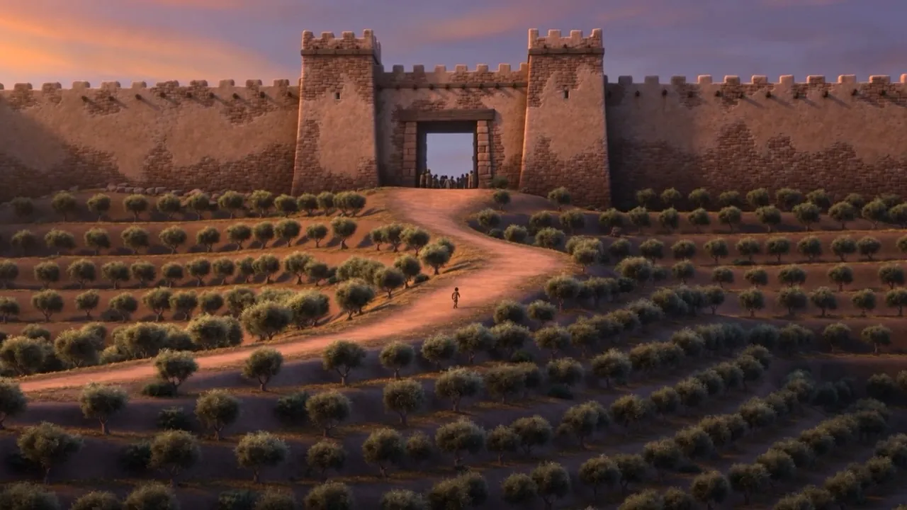 The runner is a small figure on the road below the walls