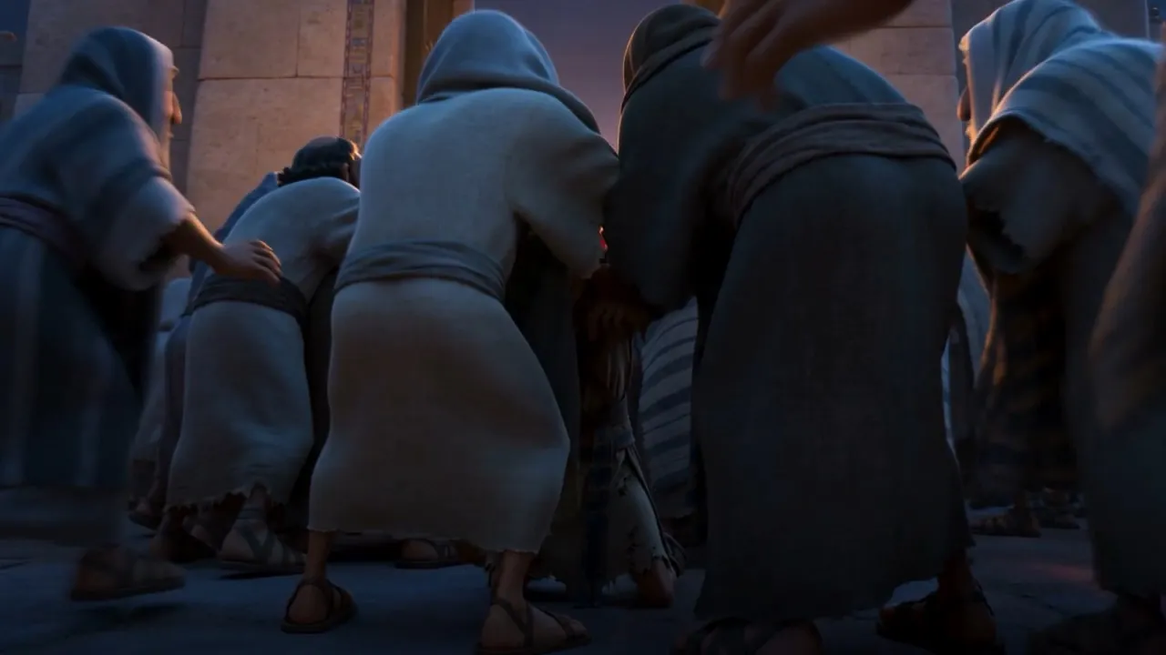 The crowd surges toward the gate in the dusk