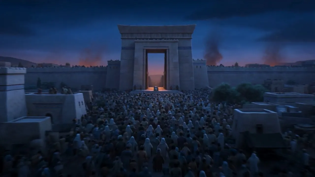 Night falls over Shiloh's gate, fires burning in the dark