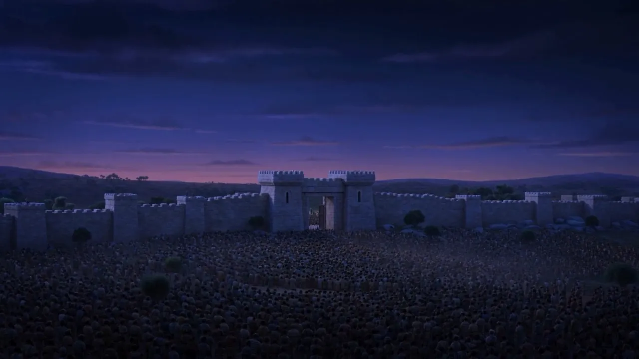 The city walls stand silent under a black sky