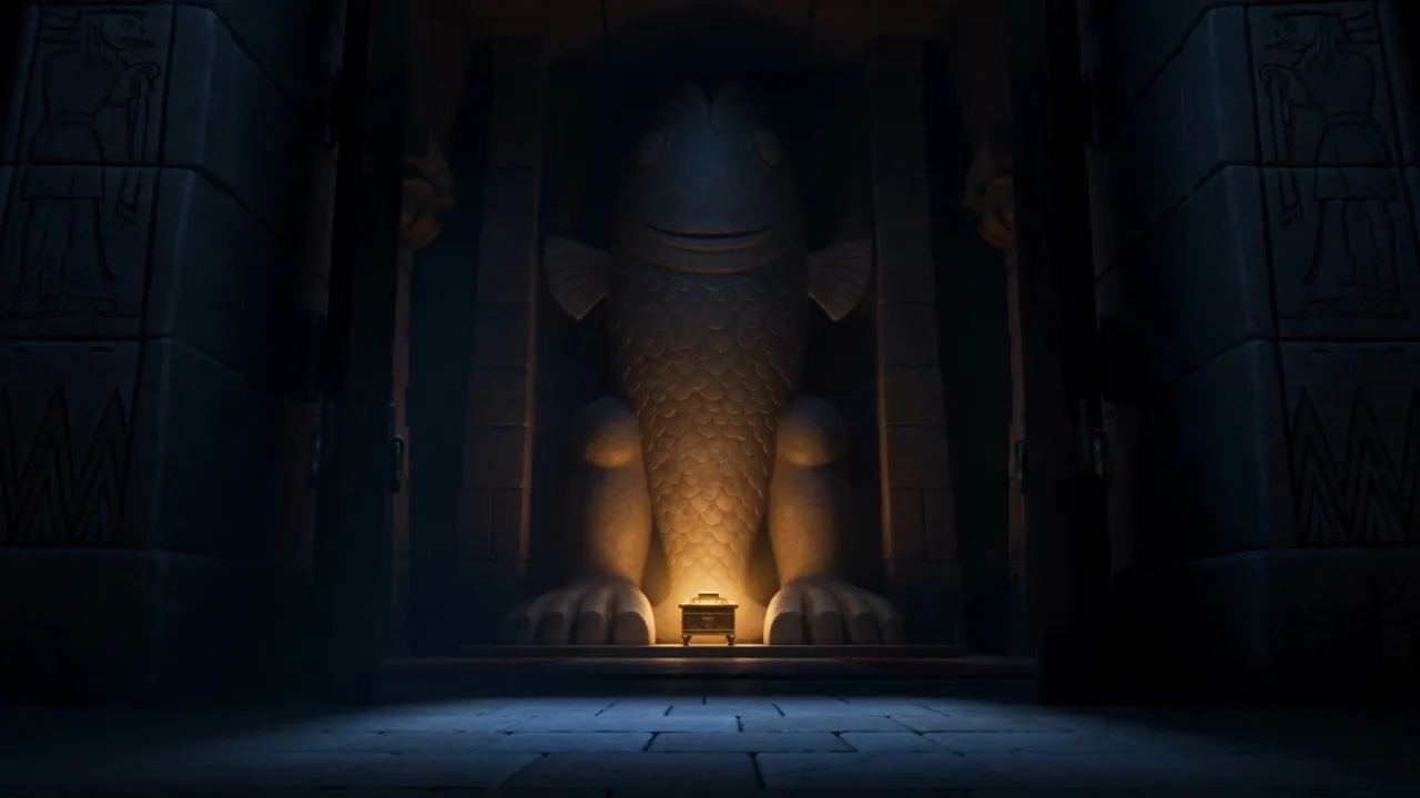 The ark sits alone in the dark at the idol's feet
