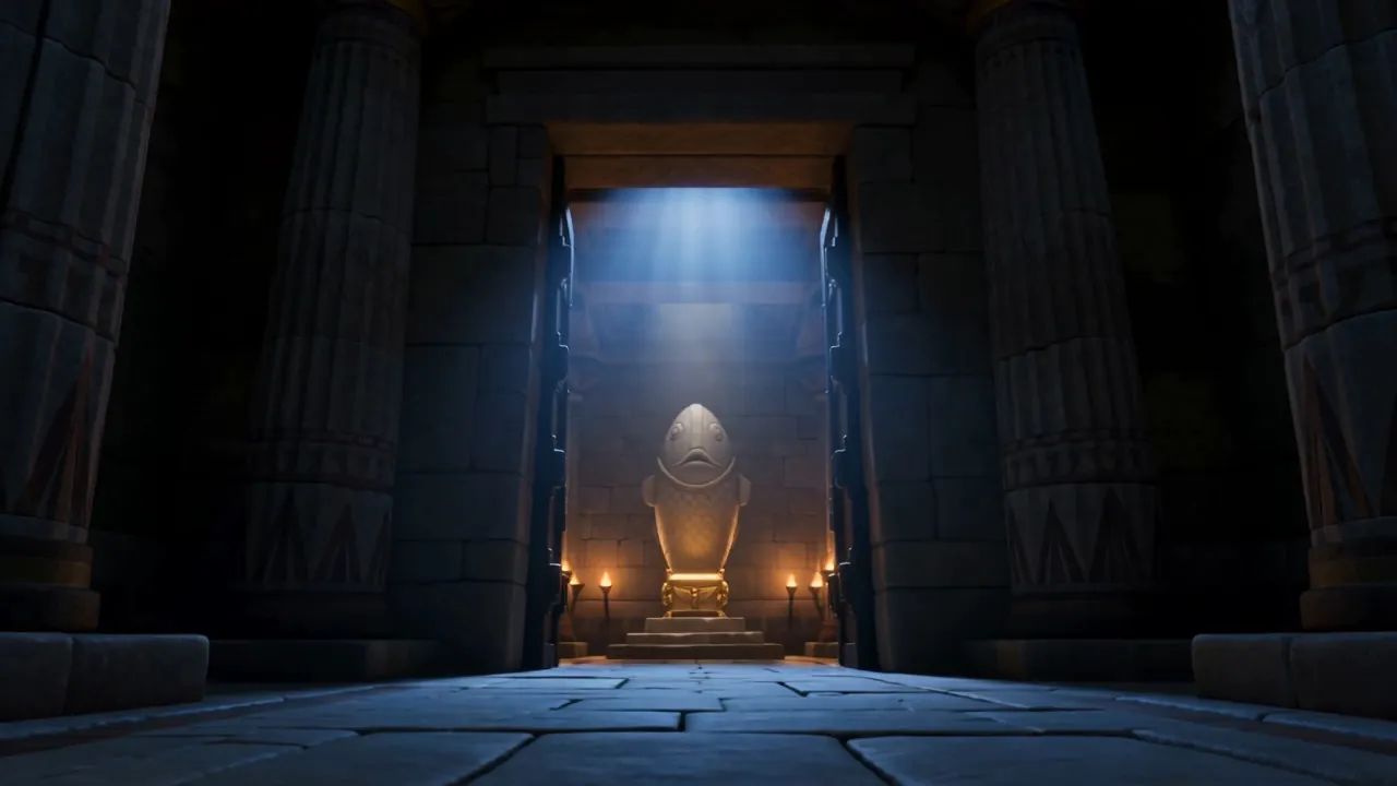A shaft of pale light falls into the dark temple hall