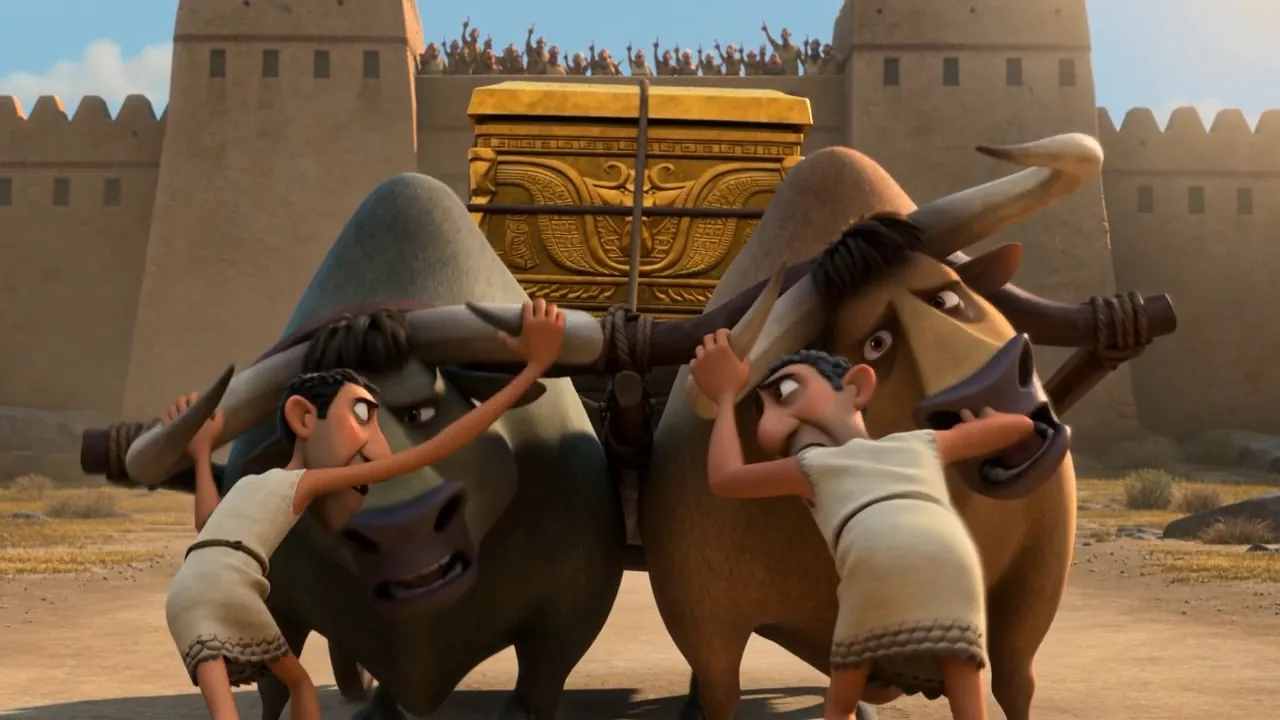 Two men strain against the ox beneath the city wall