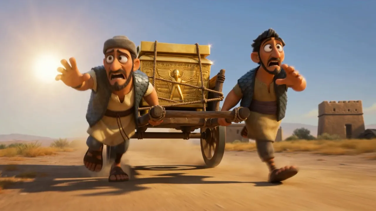 Two panicked men drag the cart at a run