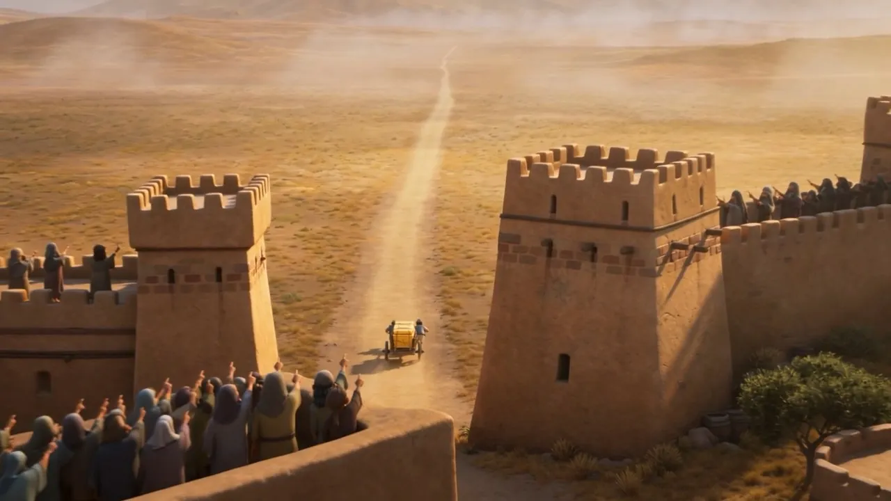 From the wall top — the cart rolls out alone onto the long road