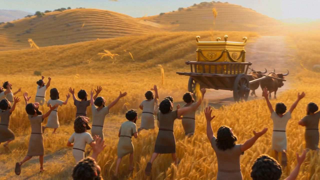 Harvesters rejoice around the ark in the wheat