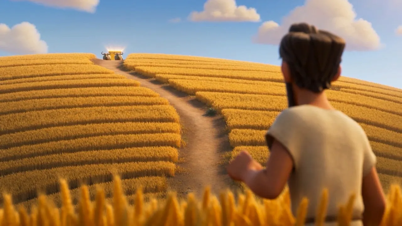 Far off between the wheat hills, a cart crests the road