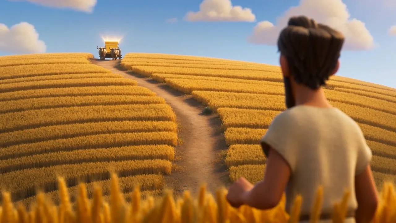 The cart rolls closer on the winding road, glinting gold
