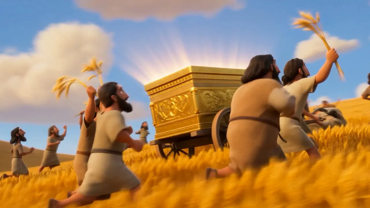 The ark glows golden among the celebrating reapers