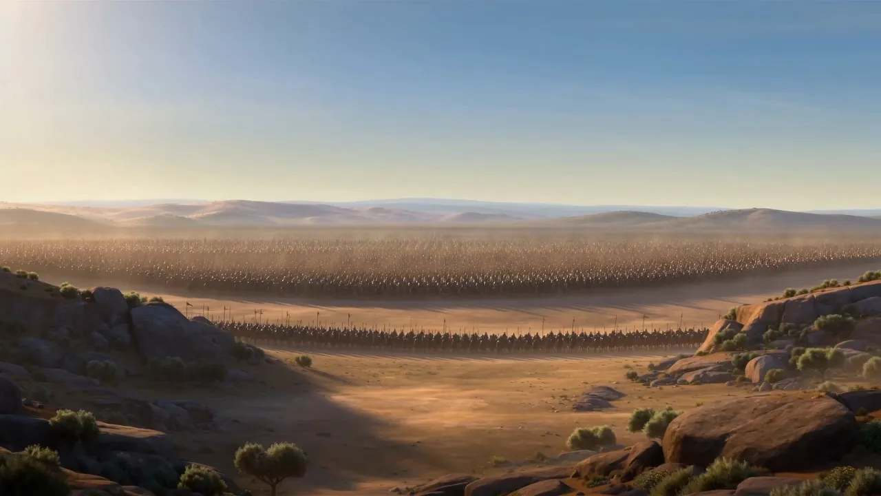 King Saul by the stone altar, watching his army evaporate
