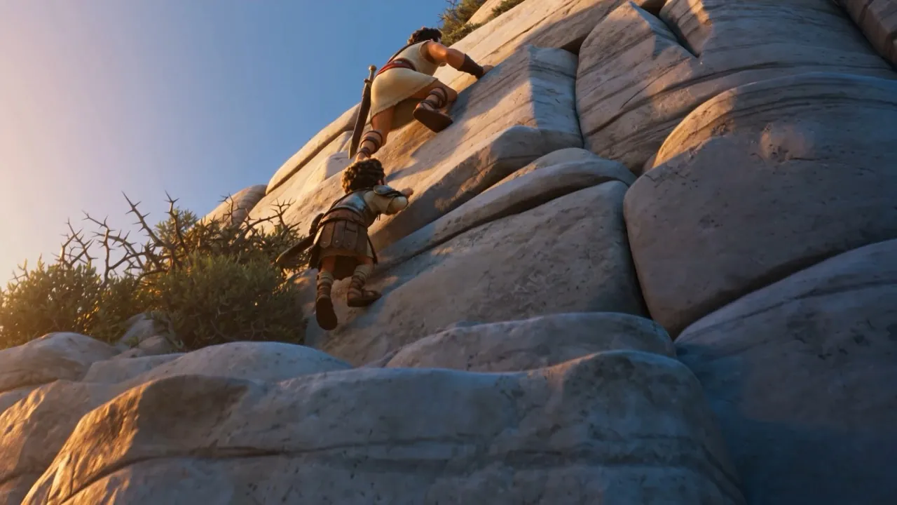 Two figures at the base of an impossible cliff at dawn