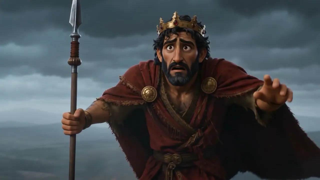 Saul, crowned and terrified under the dark sky