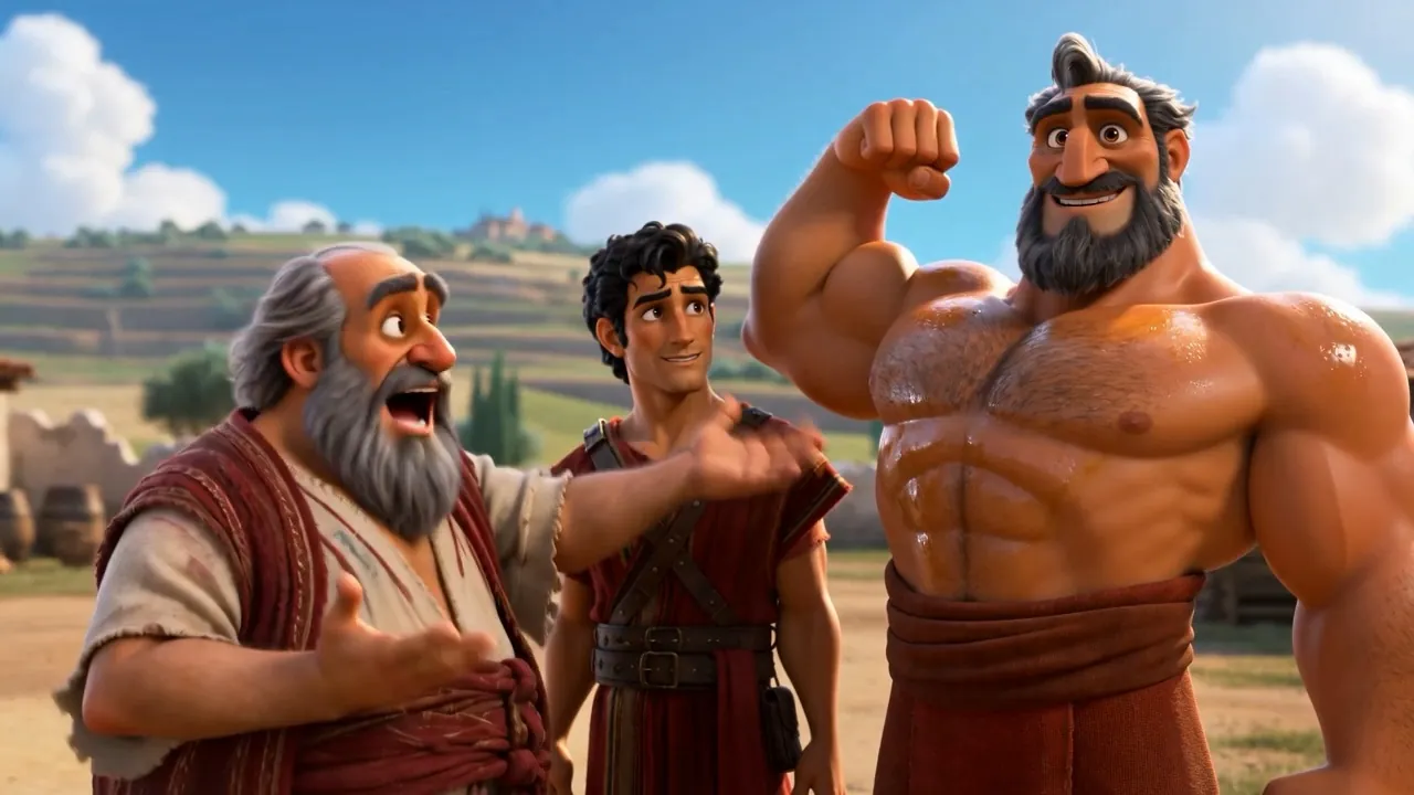 “Shammah! Wrestles bulls!” — and the son in question flexes agreeably
