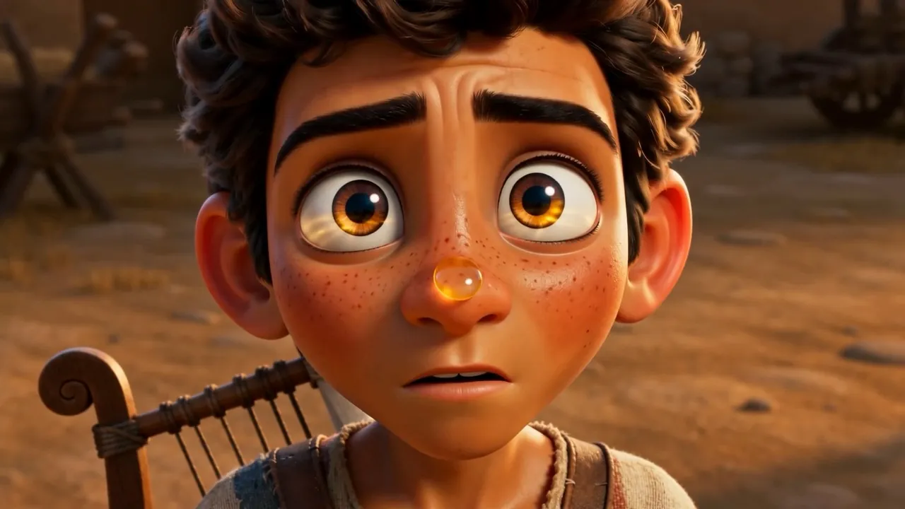 A drop hangs off the end of his nose. And falls
