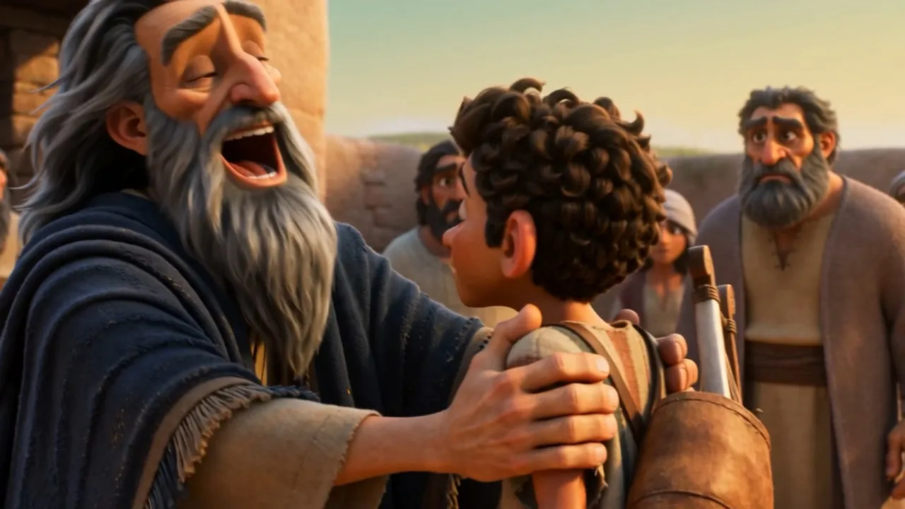 Still chuckling, he grips the boy's shoulders with both hands