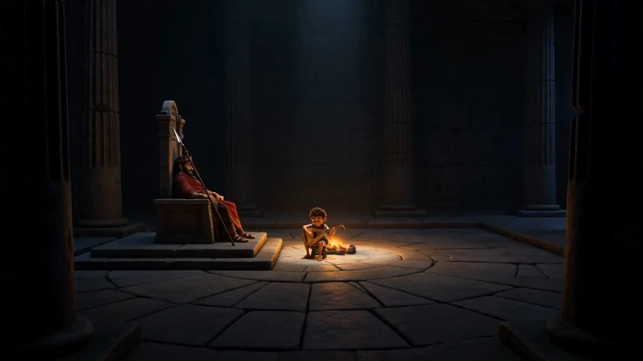 Very wide: the great dark hall, and two figures in its one warm pool of light
