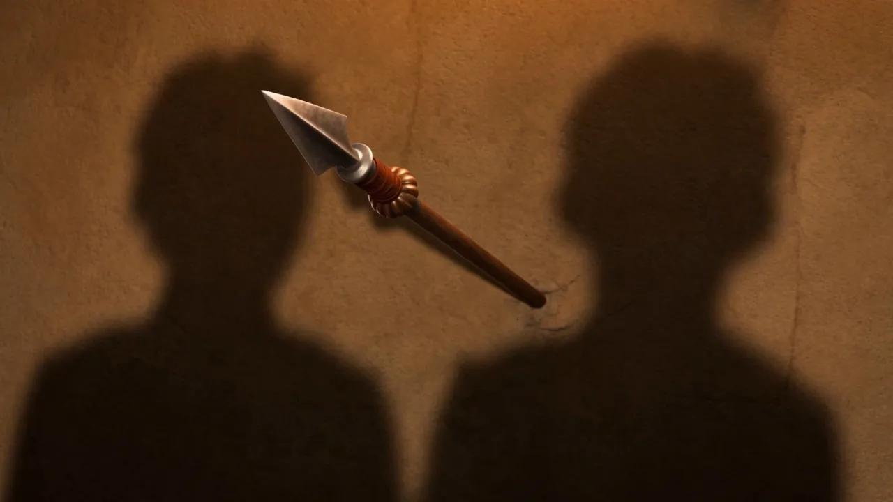 Two shadows on a wall, and an iron point between them