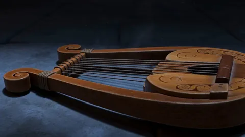 A small carved wooden lyre lying abandoned on a cold stone floor in an empty torchlit hall