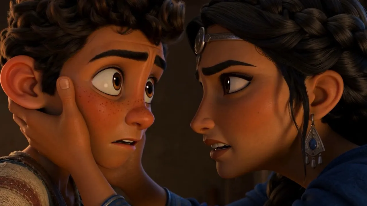 She takes his face in both hands