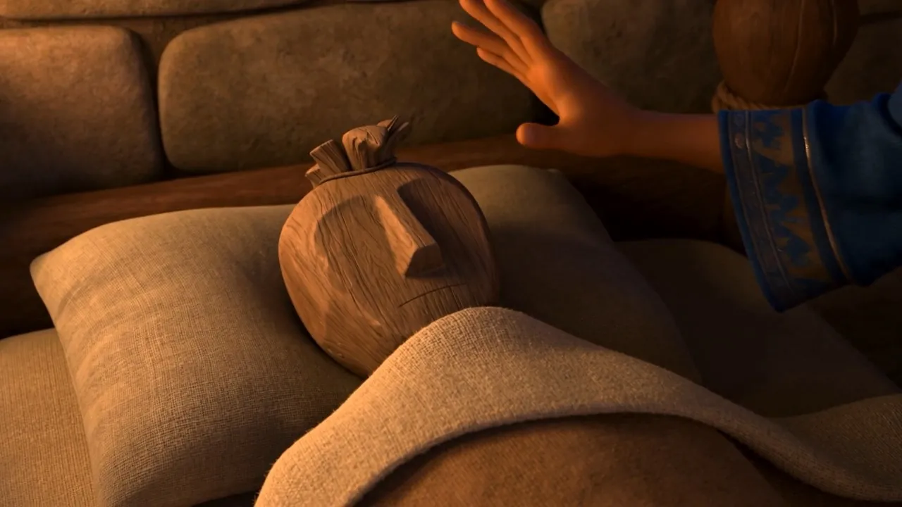 She puts a household figure in the bed and a goat-hair pillow at its head