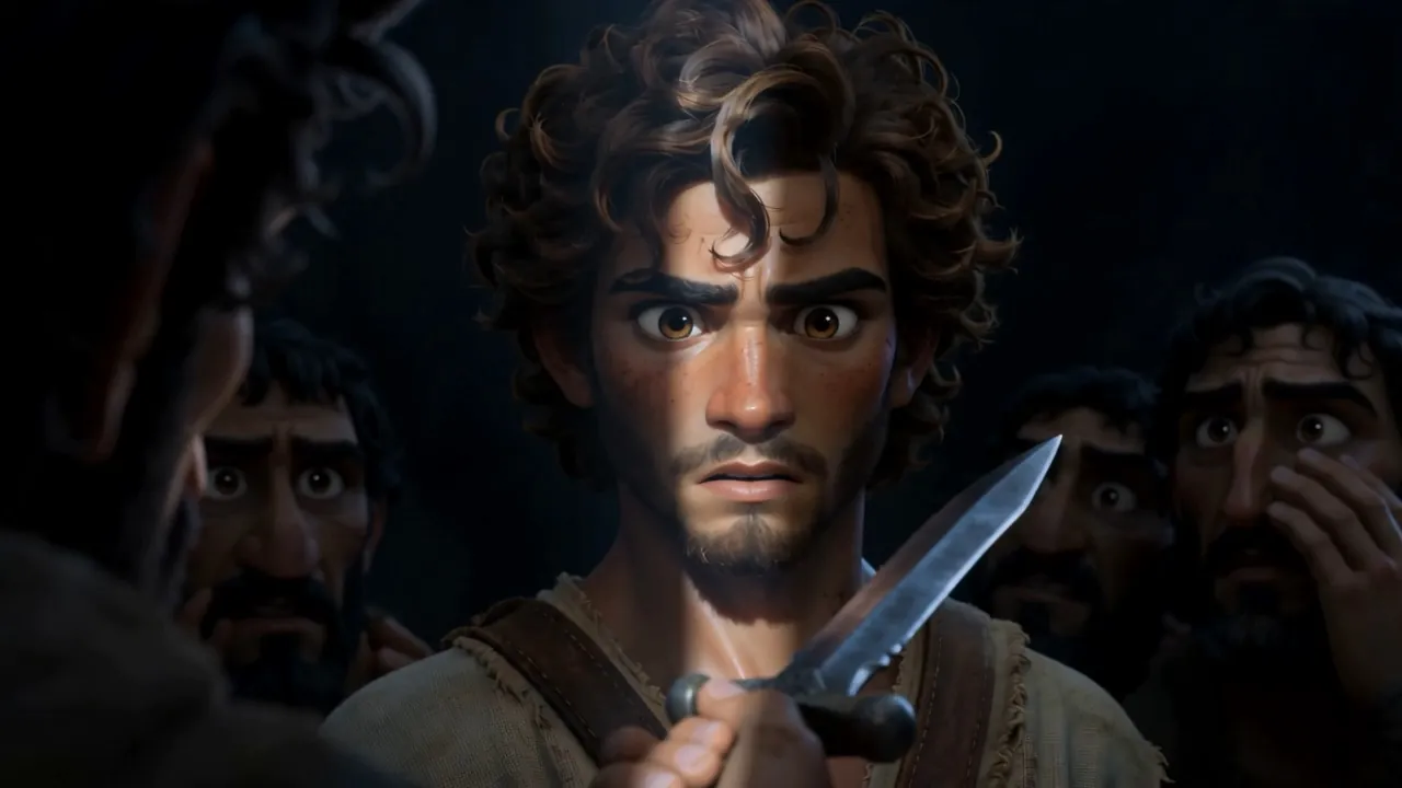 A knife comes out and is pressed on him