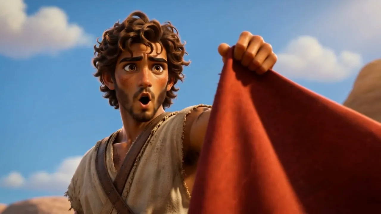 He holds up a handful of red cloth