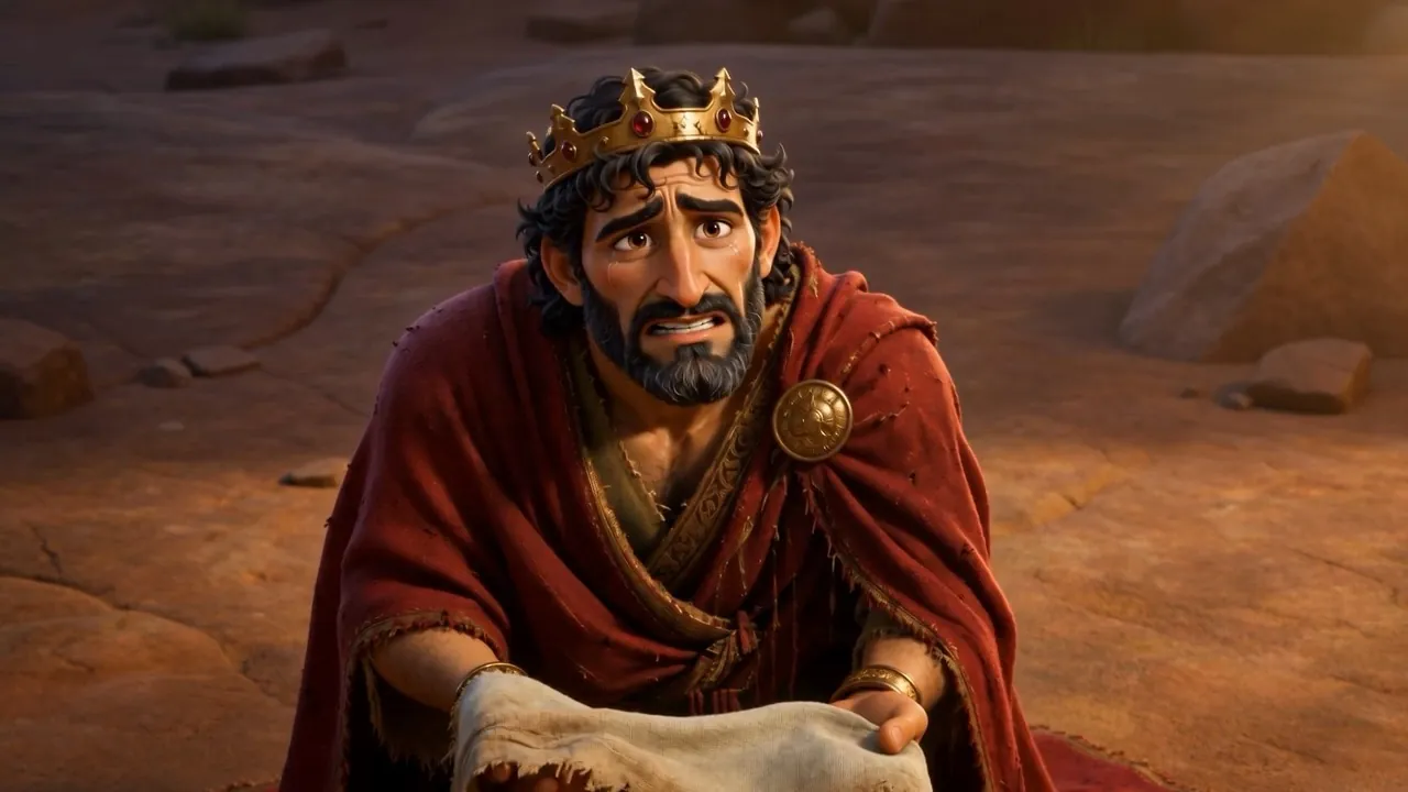 And the king holds the piece of his own robe in both hands