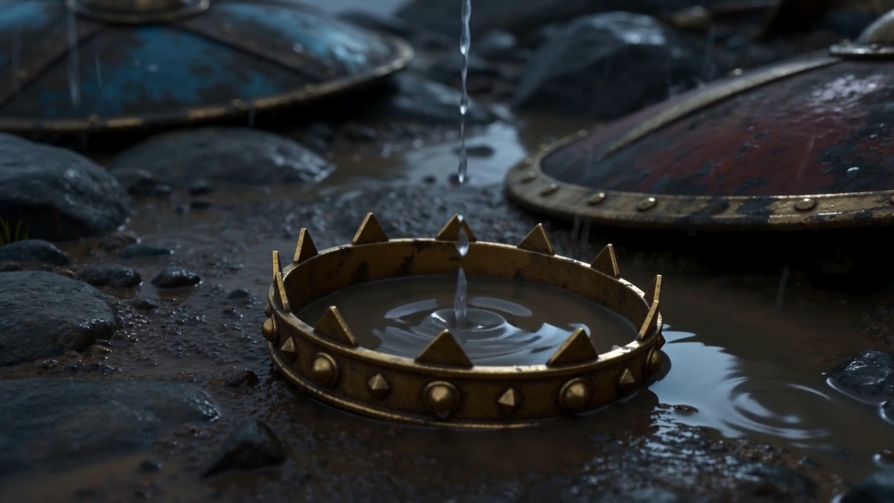 A golden crown lying in a rain puddle among abandoned shields on a grey hillside