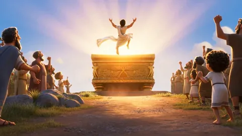 A king in a plain linen ephod leaping in the air in front of the golden ark at sunrise