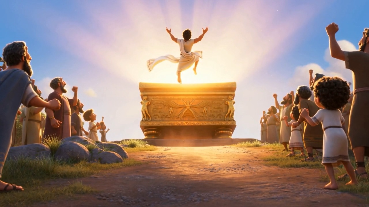 A king in a plain linen ephod leaping in the air in front of the golden ark at sunrise