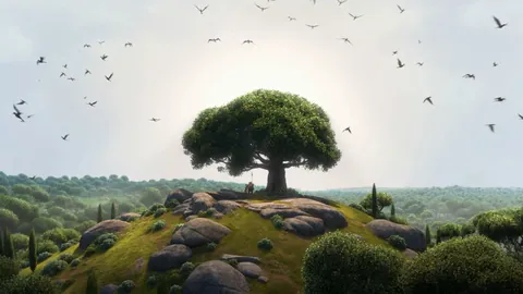 A single great oak alone on a green ridge at dawn with every bird in it going up at once